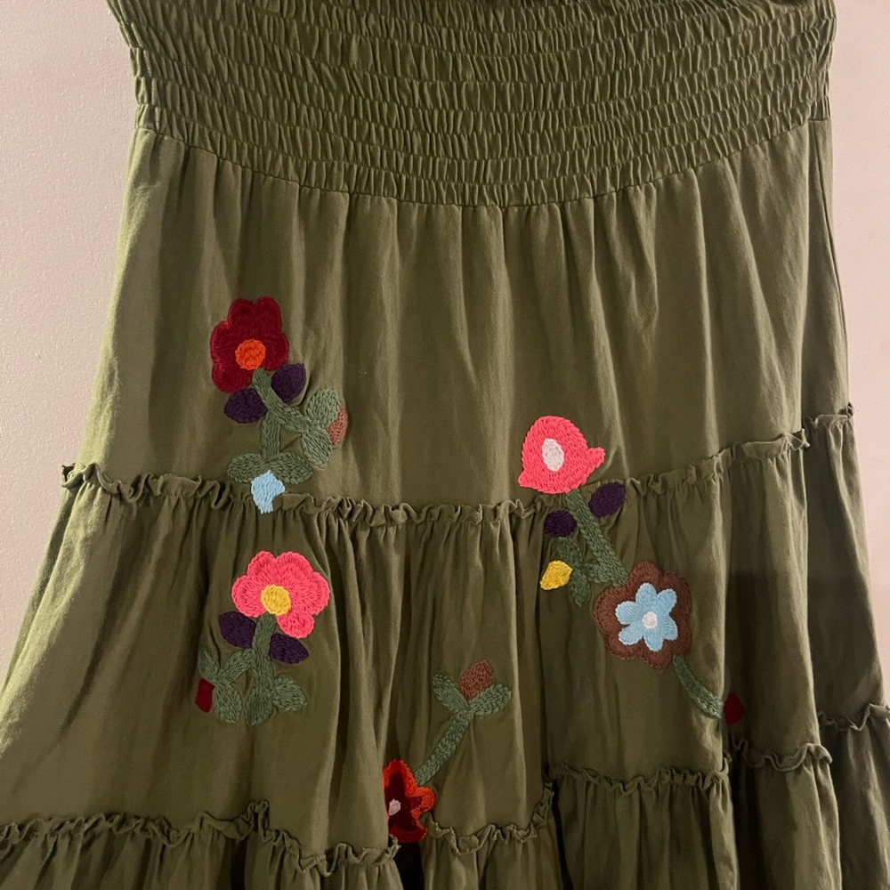 Floral Embroidered Strapless Dress in Olive Green